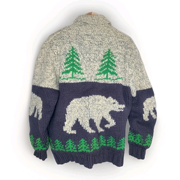 Vintage Cowichan Sweater Men's Gray Green Bear Forest Zip Up Shawl Collar Wool - Picture 3 of 4